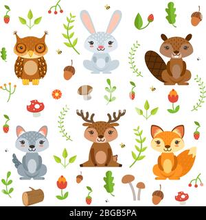 Animaux de forêt dans le style de dessin animé. Les caractères vectoriels définissent isoler sur blanc Illustration de Vecteur