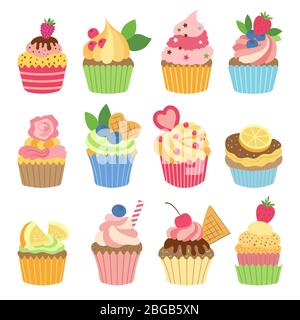 Cupcakes à la vanille de mariage isolés sur fond blanc. Illustrations vectorielles à plat Illustration de Vecteur