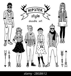 Illustration dessinée à la main de personnages hipsters funky. Heureux hommes et femmes. Images vectorielles monochromes Illustration de Vecteur