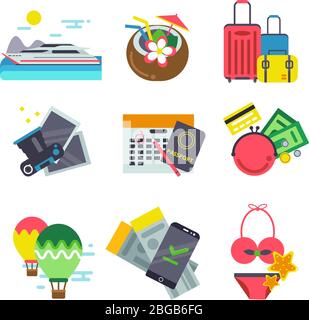 Différentes icônes de déplacement. Illustrations vectorielles de vacances d'été à plat Illustration de Vecteur