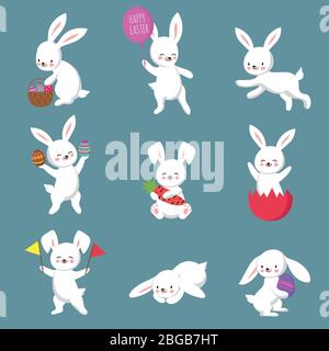 Ensemble de personnages vectoriels de lapin joyeux Noël à motif Pâques. Lapin de Pâques ou lapin, jolie illustration de personnage de printemps de dessin animé Illustration de Vecteur