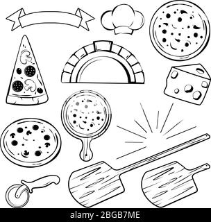 Différents éléments monochromes pour la conception de bannières, d'étiquettes ou de logos de pizzas. Illustration vectorielle Illustration de Vecteur