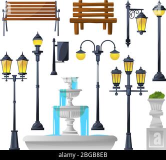 Ensemble d'éléments urbains. Lampes de rue, fontaine, bancs de parc et corbeilles à gaspillage. Illustration vectorielle Illustration de Vecteur