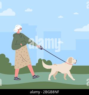 Vieille femme dans un masque médical blanc marchant un chien Illustration de Vecteur