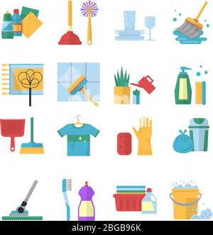 Symboles vectoriels des services de nettoyage dans le style de dessin animé. Brosse, poussière et seau Illustration de Vecteur