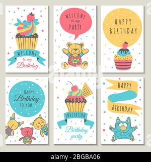 Conception de cartes de célébration. Invitation pour la fête des enfants. Cupcakes et jouets pour enfants dans le style de dessin animé. Jeu d'illustrations vectorielles Illustration de Vecteur