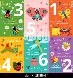 Cartes d'invitation pour enfants anniversaire avec des illustrations d'insectes et de bugs drôles. Images vectorielles Illustration de Vecteur