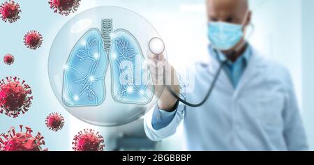 Médecin pneumologue prendre soin des poumons humains dans le contexte des virus Covid-19 volants. Pneumonie par complication à coronavirus Banque D'Images