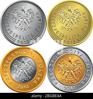 Ensemble vectoriel de pièces d'or et d'argent polonais obverses avec aigle dans une couronne Illustration de Vecteur