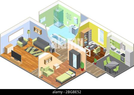 intérieur tridimensionnel de la maison moderne avec cuisine, salon, salle de bains et chambre. Jeu d'illustrations isométriques Illustration de Vecteur