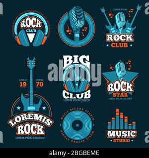 Étiquettes vectorielles de production de studio de musique. Badges musicaux avec guitares et microphones Illustration de Vecteur