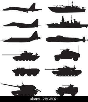 Silhouette de machines militaires. Forces de l'avion. Véhicules et navires de guerre de l'armée Illustration de Vecteur