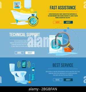 Travaux de plomberie. Toilettes, salle de bains et canalisations d'eau de cuisine. Bannières horizontales vectorielles Illustration de Vecteur