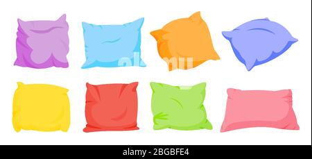 Ensemble de dessins animés à plateau-coussin Rainbow. Intérieur intérieur intérieur intérieur doux textile. Modèle à sept oreillers carrés de couleur. Plumes, tissu en bambou ECO. Coussin coloré. Isolé sur l'illustration vectorielle blanche Illustration de Vecteur