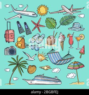 Différentes icônes estivales de couleur dessinée à la main sont définies. Illustrations tropicales. Chaussons, cocktail, bikini et autres avantages de vacances Illustration de Vecteur