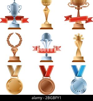 Jeu de trophées différent. Prix d'or de championnat. Médaille d'or, de bronze et d'argent et coupes de gagnants Illustration de Vecteur