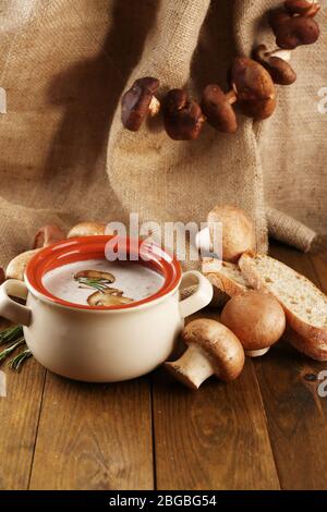 Composition avec soupe aux champignons dans la casserole, champignons frais et séchés, sur table en bois, sur fond de toile de fond Banque D'Images