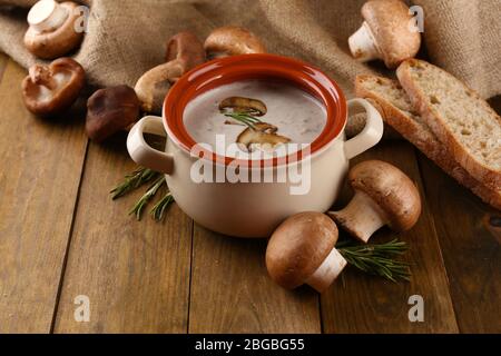 Composition avec soupe aux champignons dans la casserole, champignons frais et séchés, sur table en bois, sur fond de toile de fond Banque D'Images