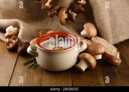 Composition avec soupe aux champignons dans la casserole, champignons frais et séchés, sur table en bois, sur fond de toile de fond Banque D'Images