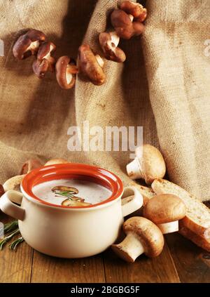 Composition avec soupe aux champignons dans la casserole, champignons frais et séchés, sur table en bois, sur fond de toile de fond Banque D'Images