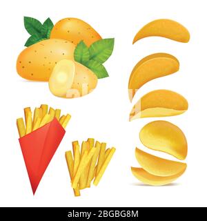 Illustrations vectorielles de collations ou de chips. Photos dans le style de dessin animé de la pomme de terre frite Illustration de Vecteur