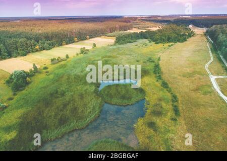 Vue aérienne sur la campagne. Champ arable et ruisseau en été ensoleillé. Beau paysage nature au printemps Banque D'Images