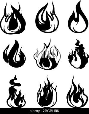 Symboles monochromes de flamme. Les icônes vectorielles noires s'isolent en blanc Illustration de Vecteur