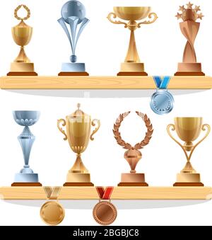 Collections de trophées sur l'étagère. Médailles et tasses d'or, de bronze et d'argent. Prix vectoriels définis Illustration de Vecteur