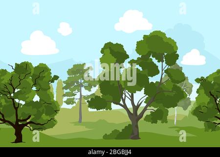 Paysage forestier avec différents arbres verts et herbe. Illustration d'arrière-plan vectoriel en style dessin animé Illustration de Vecteur
