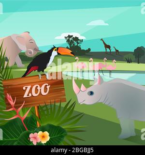 Illustration de dessins animés d'animaux sauvages dans le zoo. Personnages vectoriels bizarres Illustration de Vecteur
