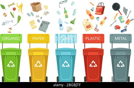 Récipients en plastique pour déchets de différents types. Illustrations vectorielles en style dessin animé Illustration de Vecteur