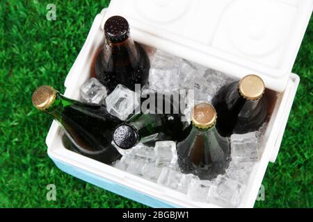 Glacière pleine de boissons dans des bouteilles sur fond d'herbe Banque D'Images