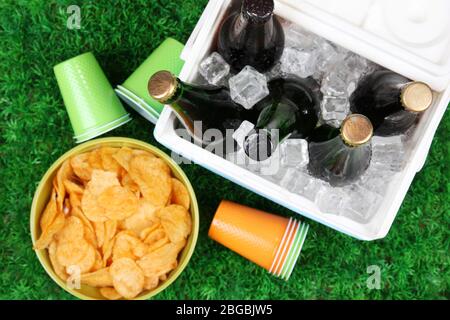Glacière pleine de boissons dans des bouteilles sur fond d'herbe Banque D'Images