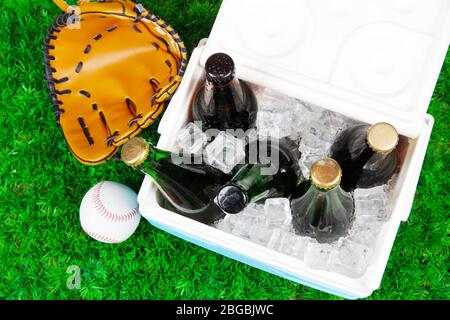 Glacière pleine de boissons dans des bouteilles sur fond d'herbe Banque D'Images