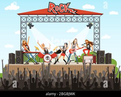 Groupe de rock sur scène. Les gens en concert. Performances musicales. Illustration vectorielle en style dessin animé Illustration de Vecteur