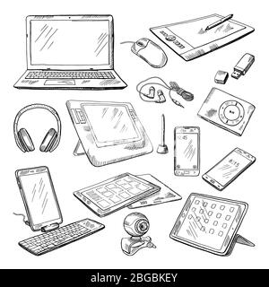 Différents gadgets informatiques. Les illustrations vectorielles Doodle s'isolent sur le blanc Illustration de Vecteur