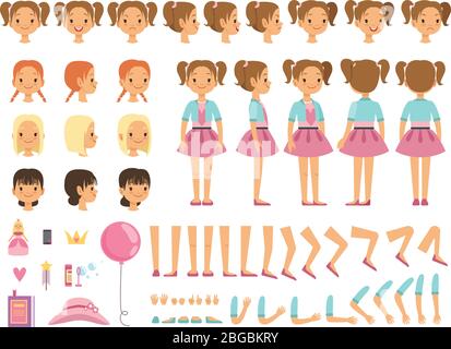 Kit de création de mascotte de petite fille et de quelques jouets pour enfants. Constructeur vectoriel avec émotions amusantes et différentes parties du corps Illustration de Vecteur