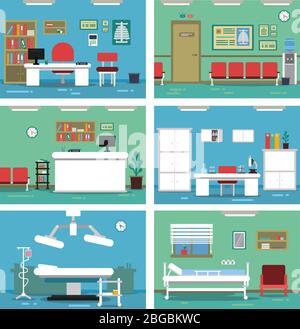 Illustrations de bureaux médicaux vides. Différentes chambres de l'hôpital. Images vectorielles définies Illustration de Vecteur