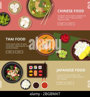 Trois bannières horizontales avec de la nourriture thaïlandaise, japonaise et chinoise. Illustrations vectorielles avec place pour votre sommet Illustration de Vecteur