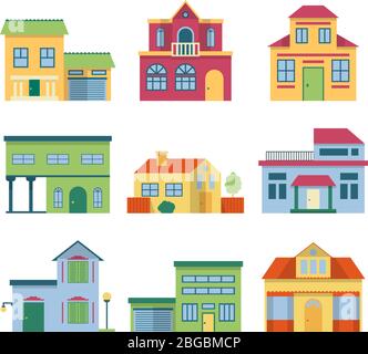 Maisons colorées et différentes à la façade moderne. Jeu d'illustrations vectorielles de vue avant Illustration de Vecteur