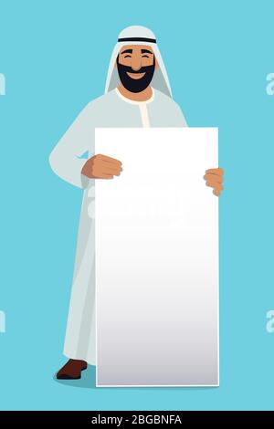 Bannière blanche vide entre les mains de l'homme d'affaires arabe. Motif mascotte vectoriel Illustration de Vecteur