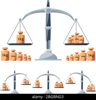 Outils d'étalonnage des échelles. Différents poids pour les balances isolées. Équilibrer les images conceptuelles Illustration de Vecteur