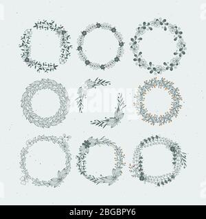 Cadres ronds à partir de branches et de feuilles. Ornements rustiques pour mariage. Illustrations anciennes tracées à la main Illustration de Vecteur