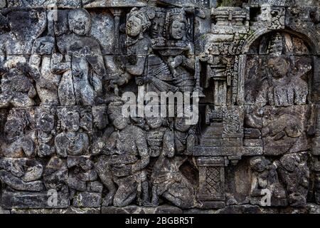 Groupes de secours au temple de Borobudur, Yogyakarta, Java centrale, Indonésie Banque D'Images