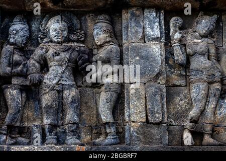 Groupes de secours au temple de Borobudur, Yogyakarta, Java centrale, Indonésie Banque D'Images