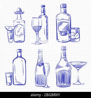 Boissons populaires dessinées à la main - stylo bille croquis des bouteilles d'alcool et des verres. Illustration vectorielle Illustration de Vecteur