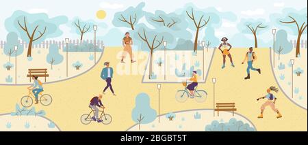 Les gens se détendant, marchant, vélo, patinage dans le parc Illustration de Vecteur