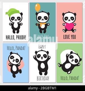 Cartes d'invitation vectorielles pour enfants panda mignons. Jeu de bannières avec illustration d'animaux panda Illustration de Vecteur