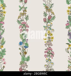 Motif sans couture de la trachée d'herbes dessinées à la main et de fleurs de champ Illustration de Vecteur