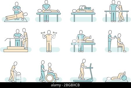 Centre thermal de massothérapie physiothérapie Vector Line icônes médicales. Symboles thérapeutiques et récupération, illustration de la réadaptation des physiothérapeutes Illustration de Vecteur